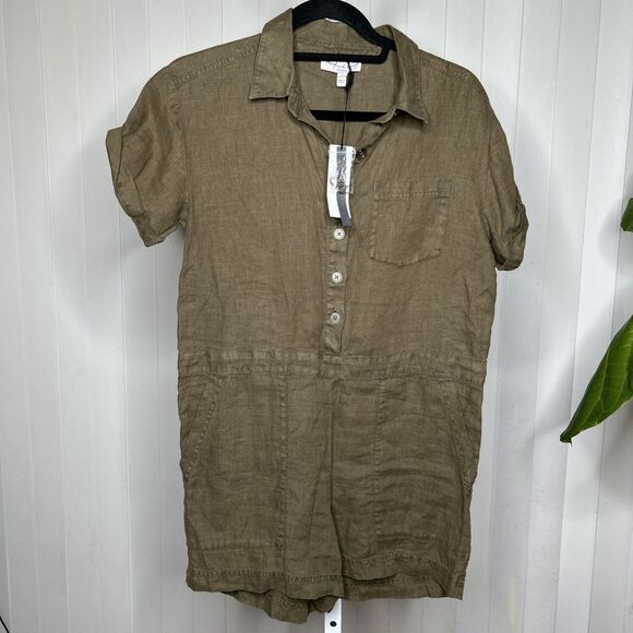 Michael Stars Utility Romper Linen Short Sleeves Olive Green Finn Size XS NEW - Picture 1 of 10